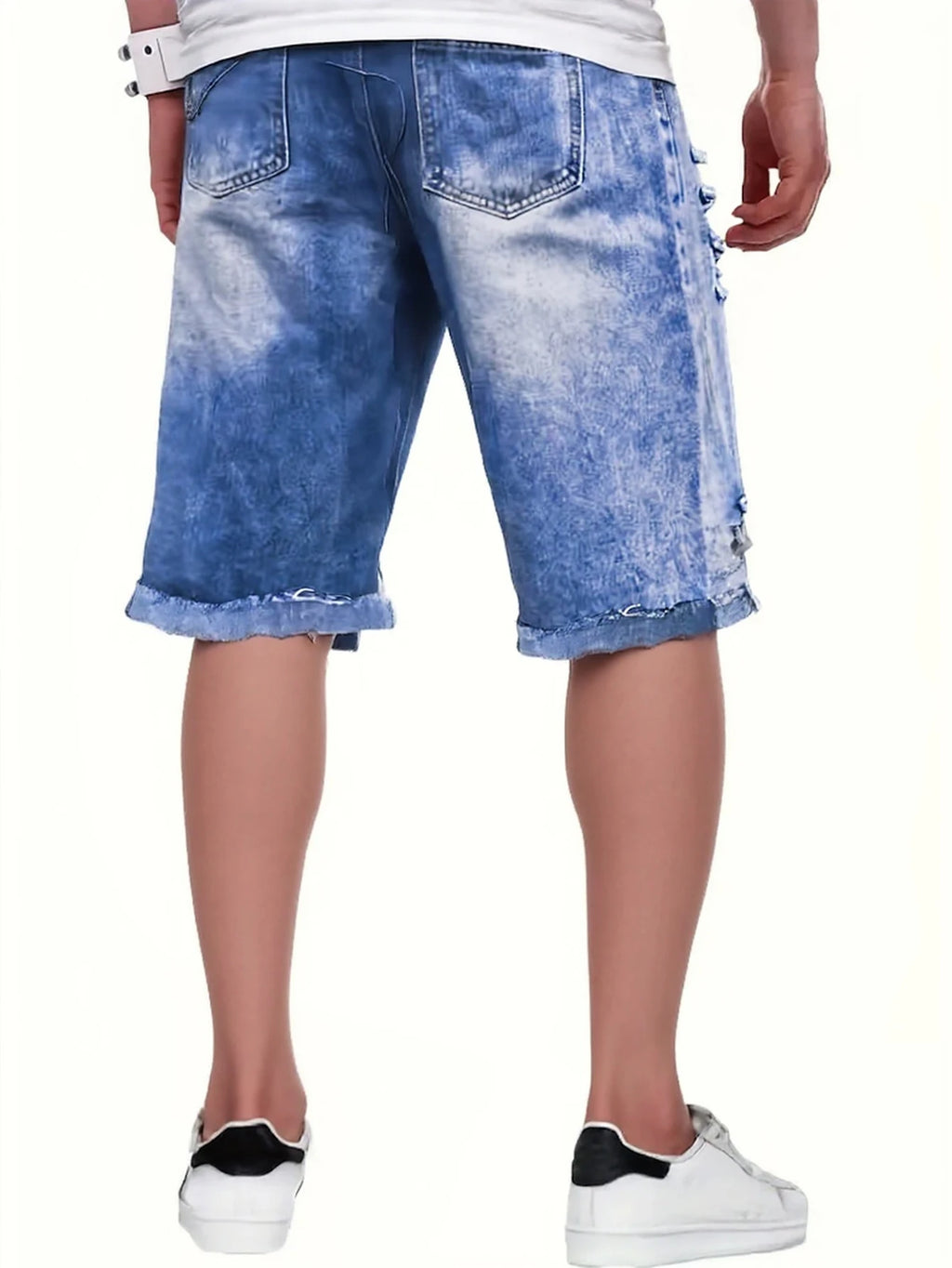 Men's light blue distressed denim shorts, featuring unique frayed edges, trendy and eye-catching, effortlessly creating a street