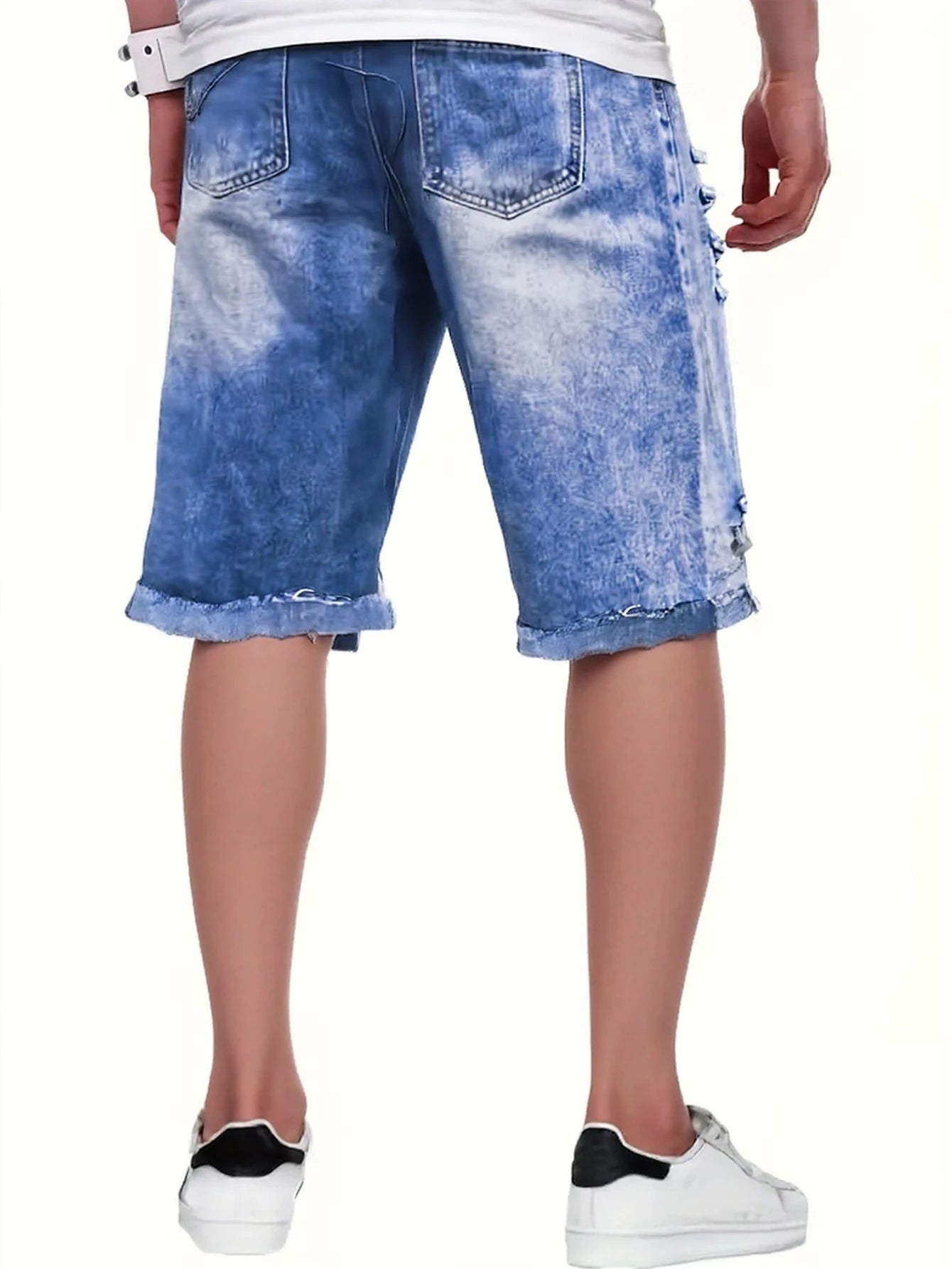 Men's light blue distressed denim shorts, featuring unique frayed edges, trendy and eye-catching, effortlessly creating a street